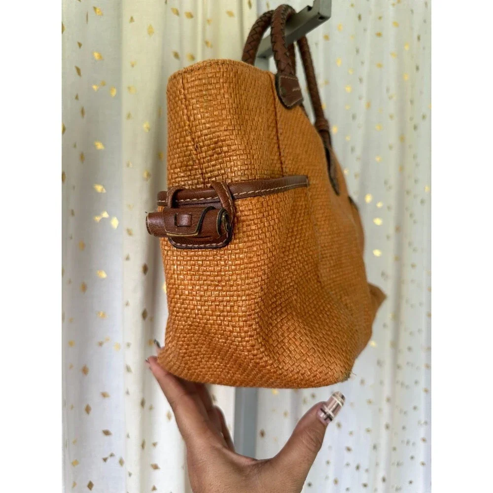 Fossil Genuine Classic 1954 Rust Straw Woven Leather Round Handles Tote Satchel